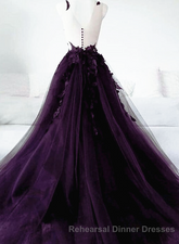 Dark Purple Tulle With Lace Applique Long Wedding Party Dress, Purple Semi Formal Prom Dress